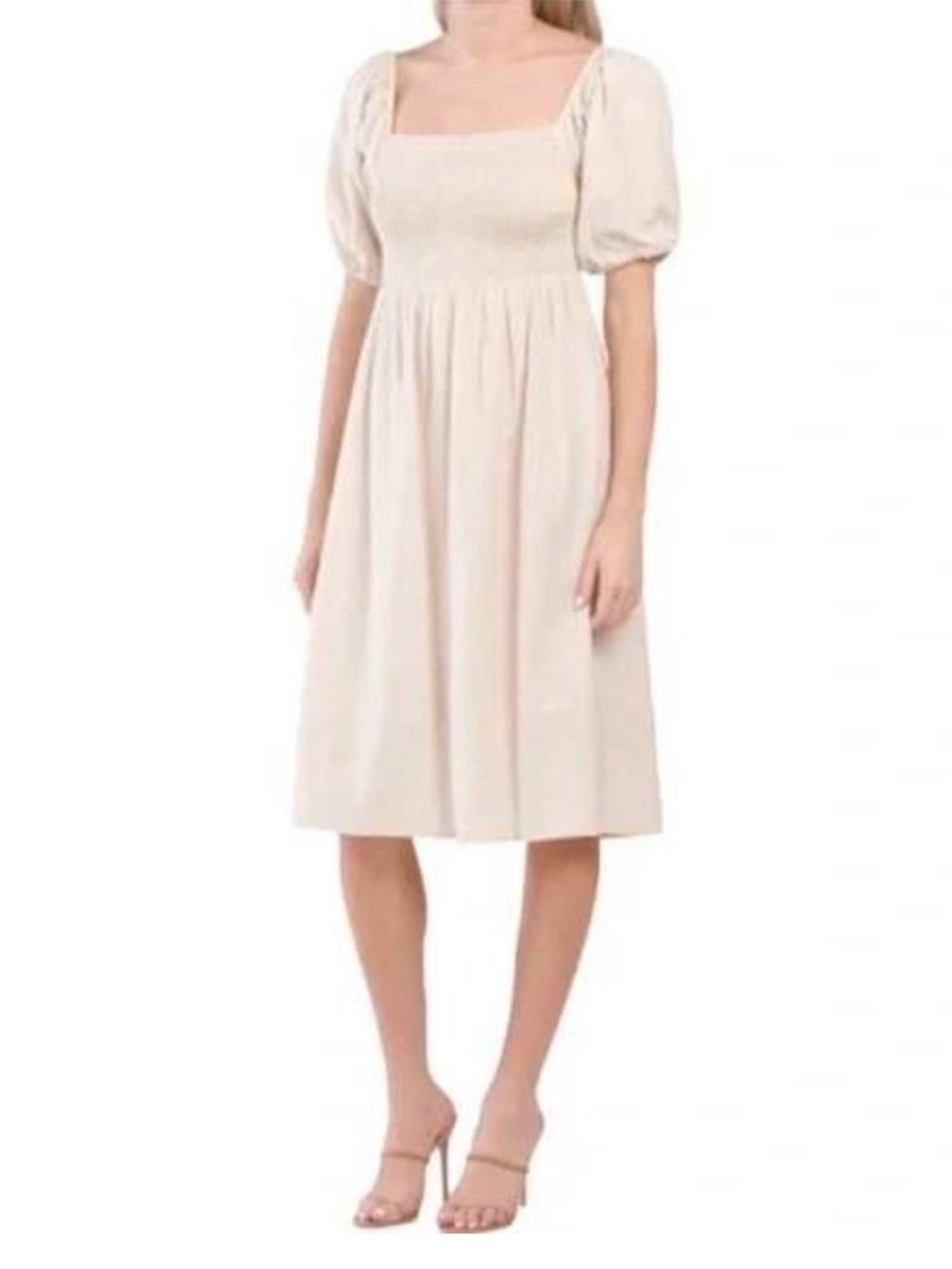 7 for All Mankind Linen Cream Smocked Puff Sleeve MIDI Dress Size XS